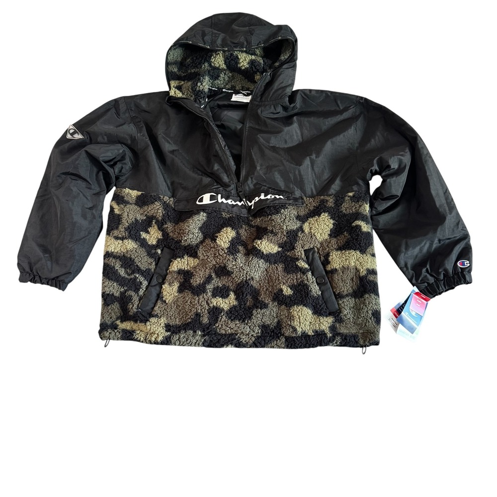 Champion Large Black Camo Cozy High Pile Anora Half Zip Hooded Jacket NWT